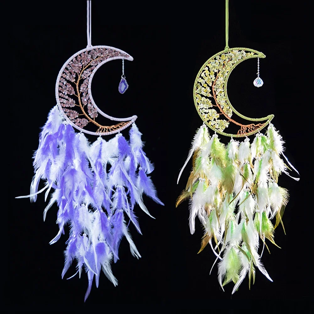 Feather Dream Catcher Crystal Gravel Moon Wall Hanging Handmade Tree of Life Dream Catcher Living Room Decoration Birthday Gift