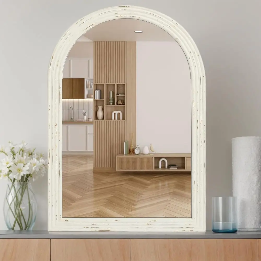 

White Distressed Arched Wall Mirror, Large Decorative Mirror for Living Room, Bathroom, Entryway, Hallway (20 x 30)