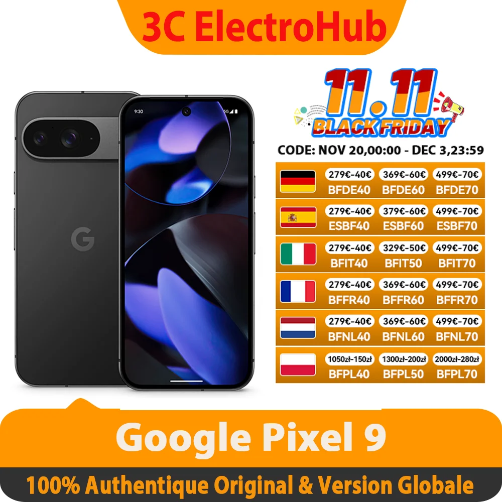 Google Pixel 9, Version globale, 6.3 pouces, Google Tensor G4, 4700 mAh,PD3.0,OLED,120 Hz, RAM12 G , ROM 128 G,Téléphone intel