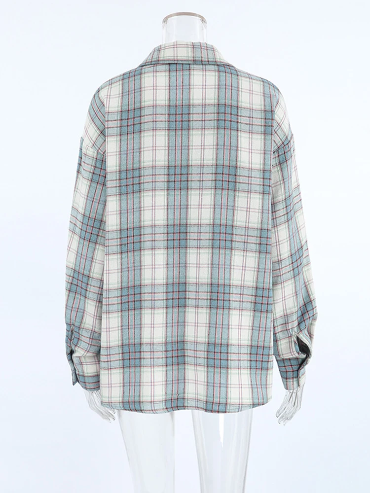 Aynaray 2024 Women Autumn Winter Long Sleeve Blue Plaid Shirt Vintage Oversized Loose Fit Blouse Female