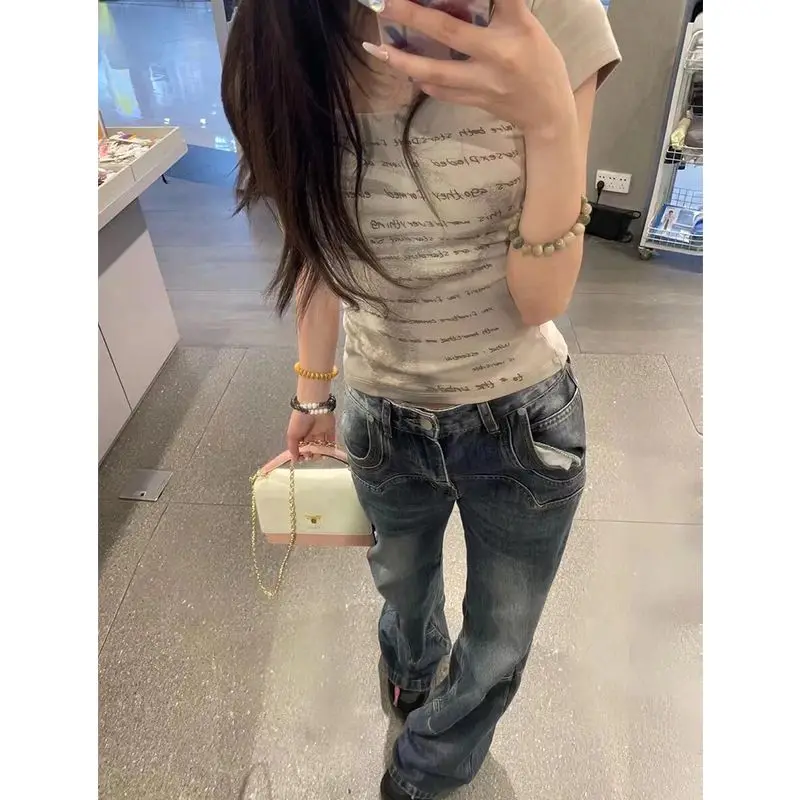 American Retro Letter Shadow Print U-neck Shoulder Short Sleeved T-shirt Women Summer Slim Fit Short Spicy Girl Top