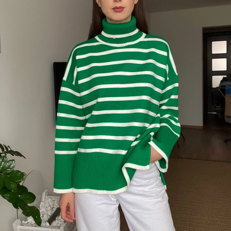 2023 Autumn/Winter Knit Pullover Contrast Stripe High Neck Pullover Sweater