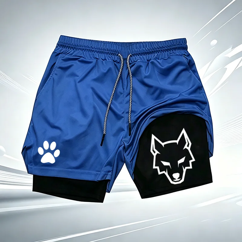 Herren 2-in-1 Schnelltrocknende Sportshorts mit Wolfs-Pfoten-Muster, Kompressionsfutter, für Fitnessstudio, Laufen, Training, Fitness, kurze Hosen W002 – Detail 5
