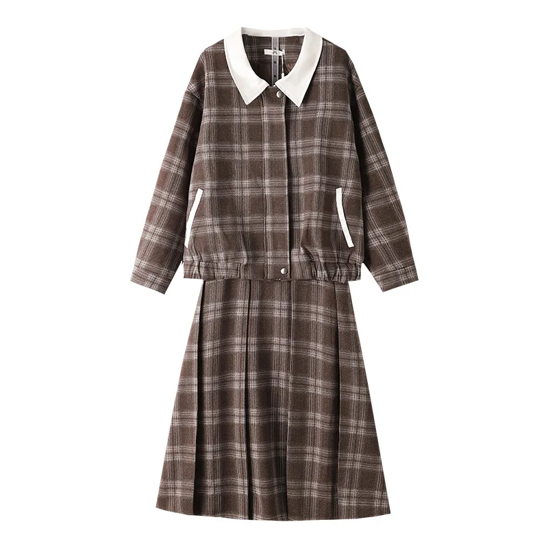 Loose plus size coarse tweed 2-pcs set with plaid cotton jacket+high waisted skirt autumn/winter small fragrance style set