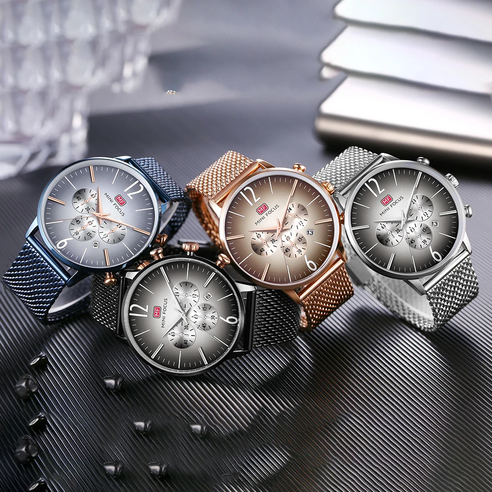 MINI FOCUS Fashion Mens Quartz Wristwatches 24 Hours Display Sub-Dials Business Mens Watch Mesh Stainless Steel Strap Clock 0114