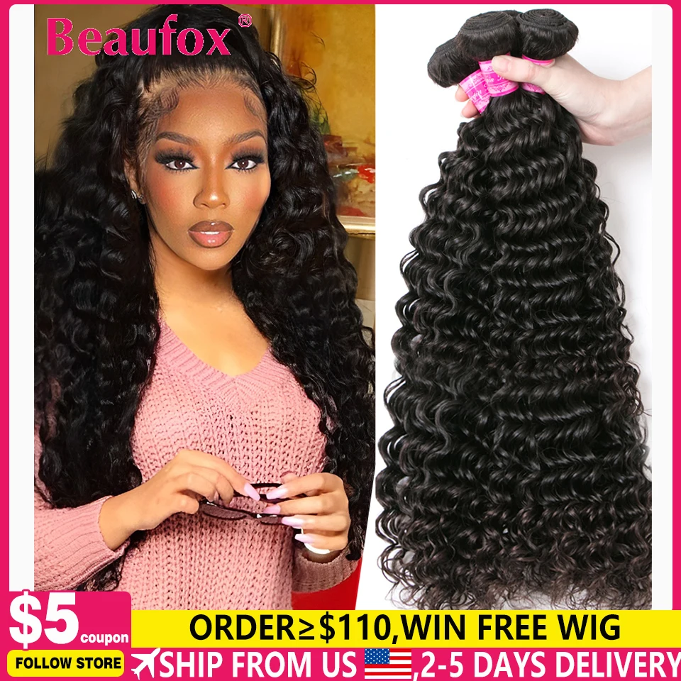 Beaufox 32 Inch Deep Wave Hair Bundles 10A Malaysian Human Hair Bundles Deep Curly Hair 1/3/4 Bundles Remy Hair Weave Extensions