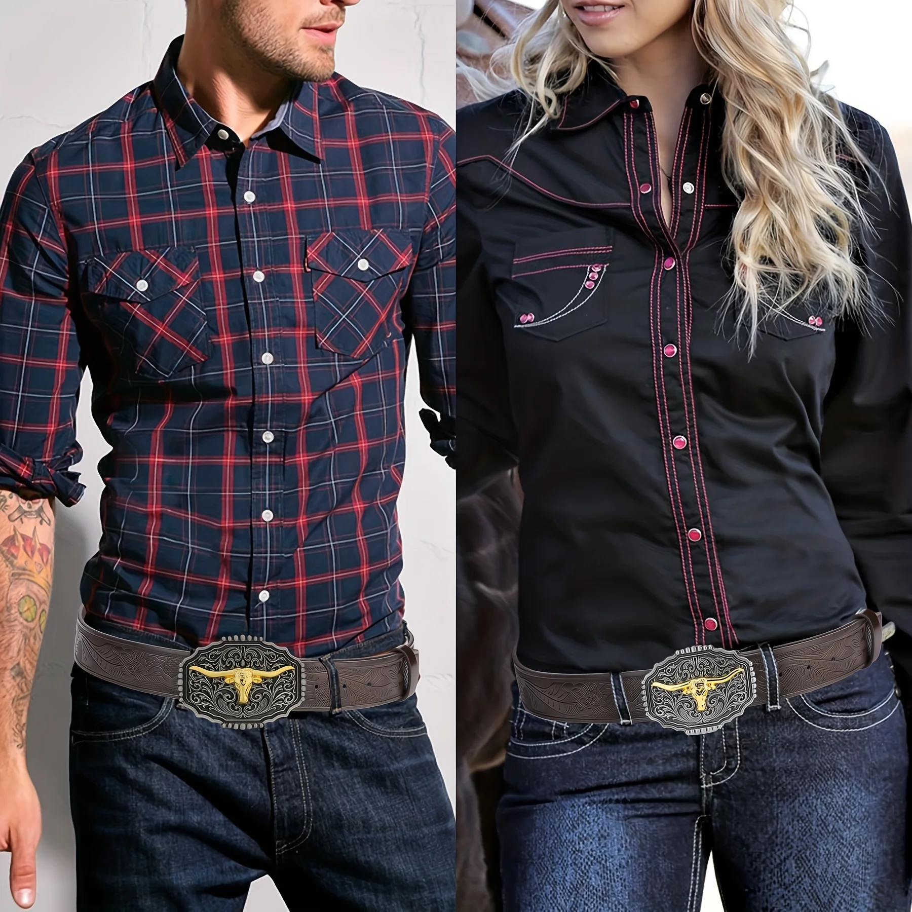 

Bull Head Gold and Silver3.7cm wide men's and women's Western bull head denim style bull scalprendy belt smooth buckle