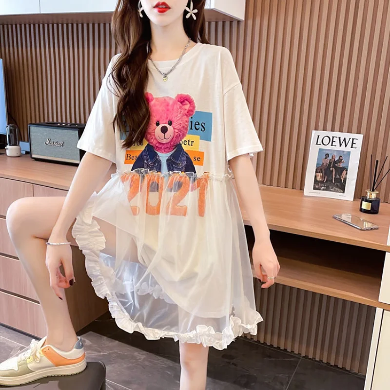 T Shirt Dress Woman Short Sleeve Summer Lace Clothing Women\'s Top Funny Fitted Slim Causal Long Graphic O Tall Kpop Cute Tees Xl