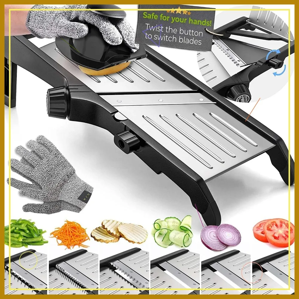 

Adjustable Mandoline Slicer with Safety Gloves, Waffle Cutter - Kitchen Vegetable Chopper
