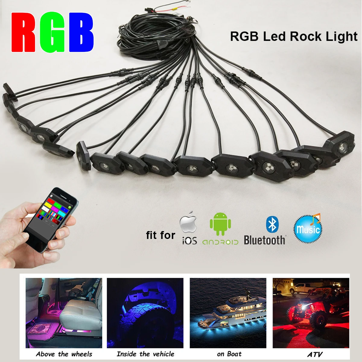 

4 6 8 10 12 16 Pods RGB LED Rock Lights with Bluetooth Controller Music Strobe Mode Multicolor Neon LED Light Kit Underbody Lamp