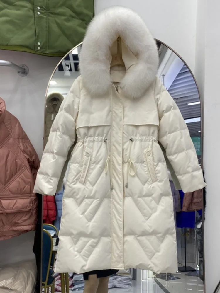 Doudoune longue épaissie pour femme avec col en fourrure de renard véritable, parka version coréenne, manteau chaud à la taille, mode féminine,