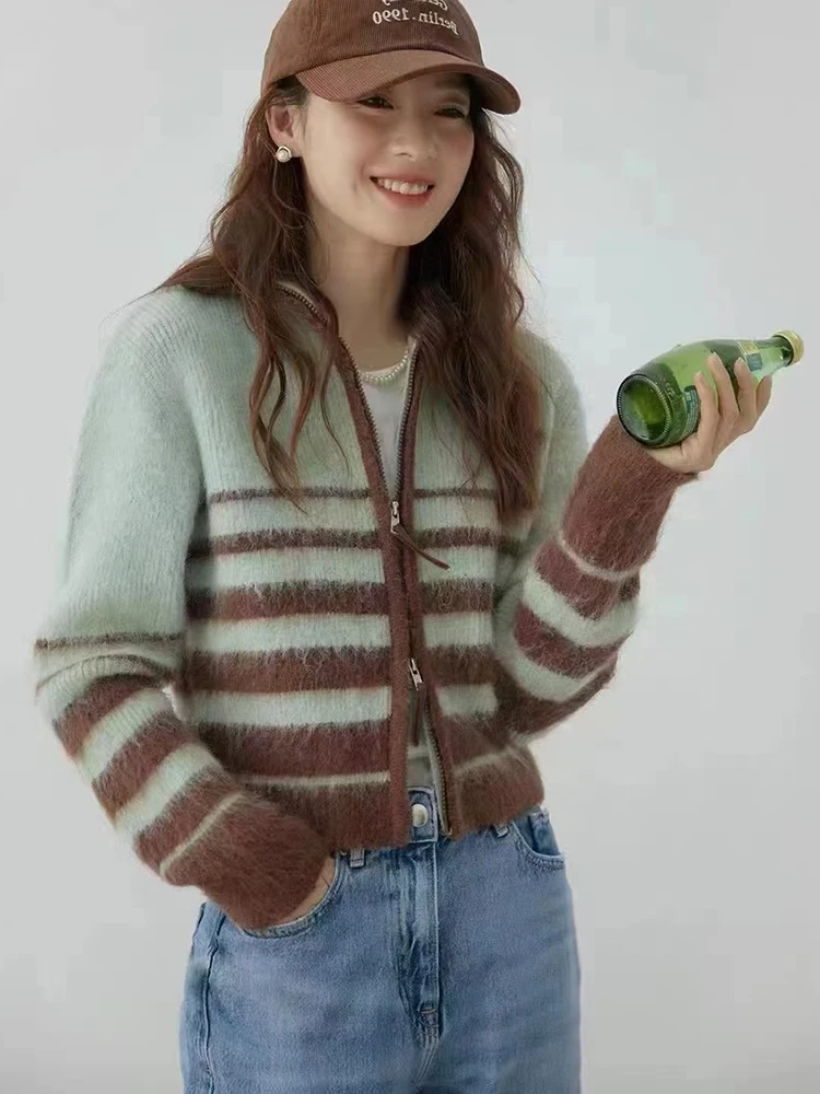 

Jmprs American Casual Striped Cardigan Women Vintage Slim Long Sleeve Sweet Knitted Sweaters Fall Faux Mink Cashmere Tops Coat