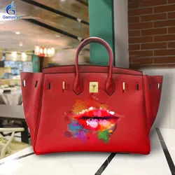 Art Print Colored lips Customize Totes 100% Cowhide Leather Designer Totes Women purses and handbags Gold Lock Hardware Fashion