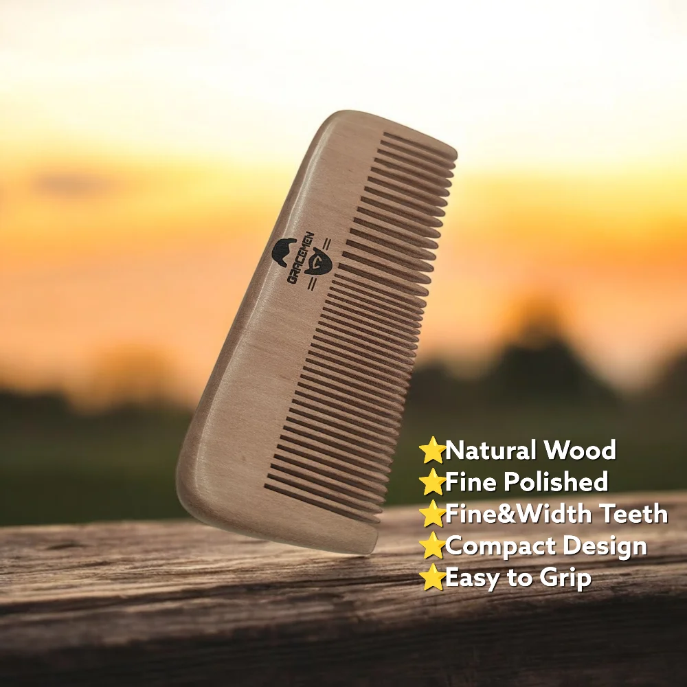 The Gracemen Natural Wood Beard Comb For Men and Women Premium Wide & Fine Teeth Wooden Hair Comb with PU Leather Sleeve