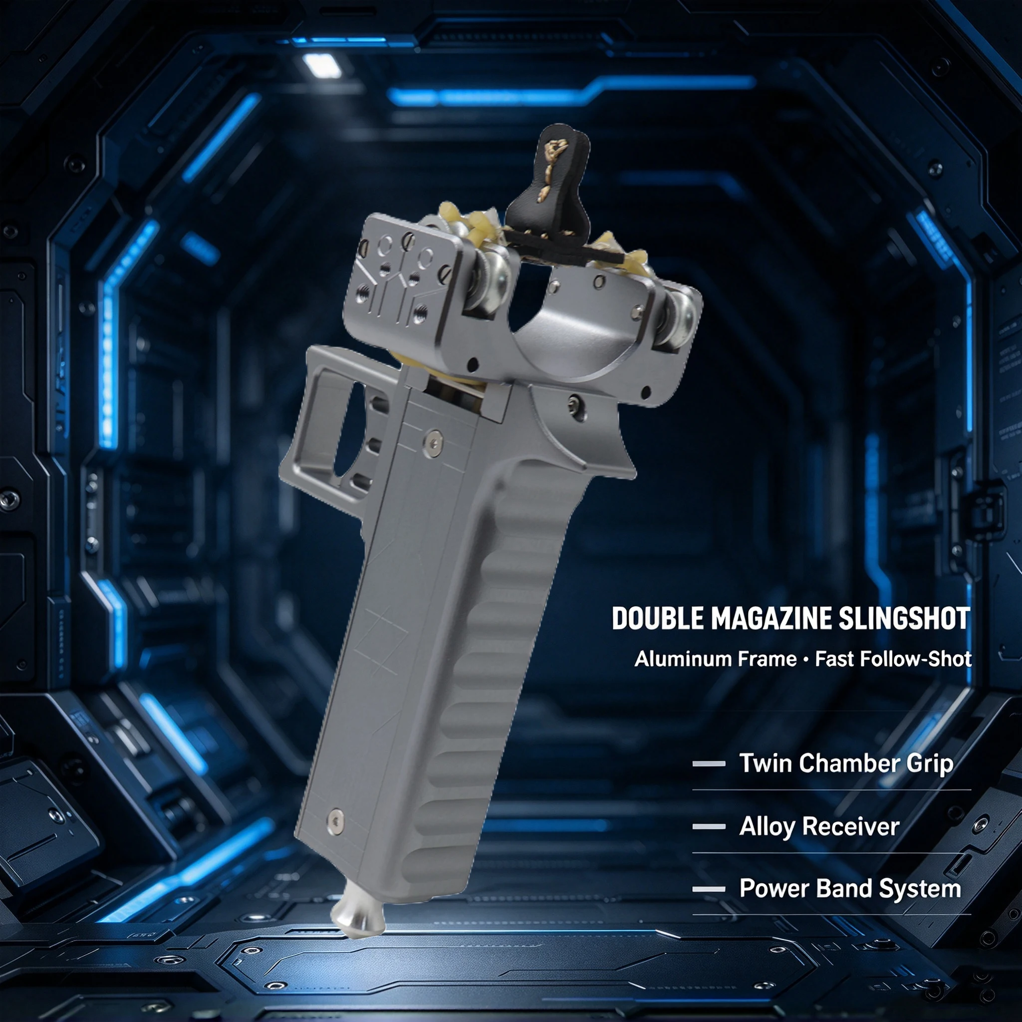 Aluminum Alloy Premium Fast Auto-Loading Slingshot Silver with Dual Magazine & Pulley Tips for Outdoor Practice