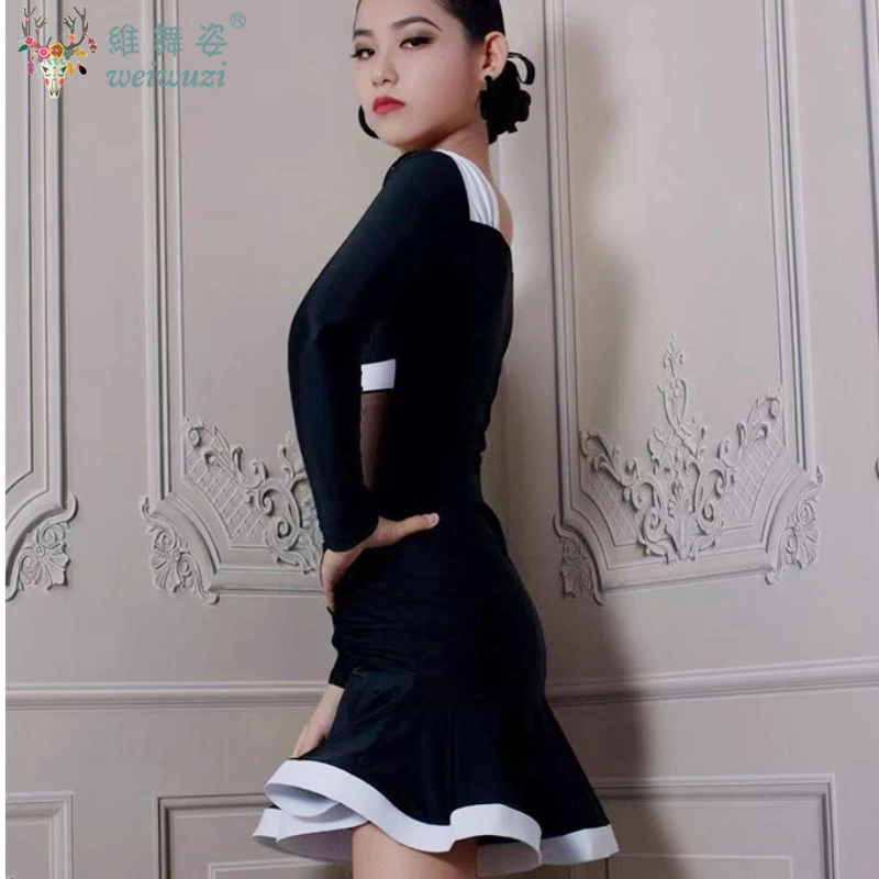 Zwart Wit Latin Dans Pak Meisjes Competitie Danskleding Rumba Cha Cha Samba Prestaties Jurk Kid Standaard Toneelkostuum