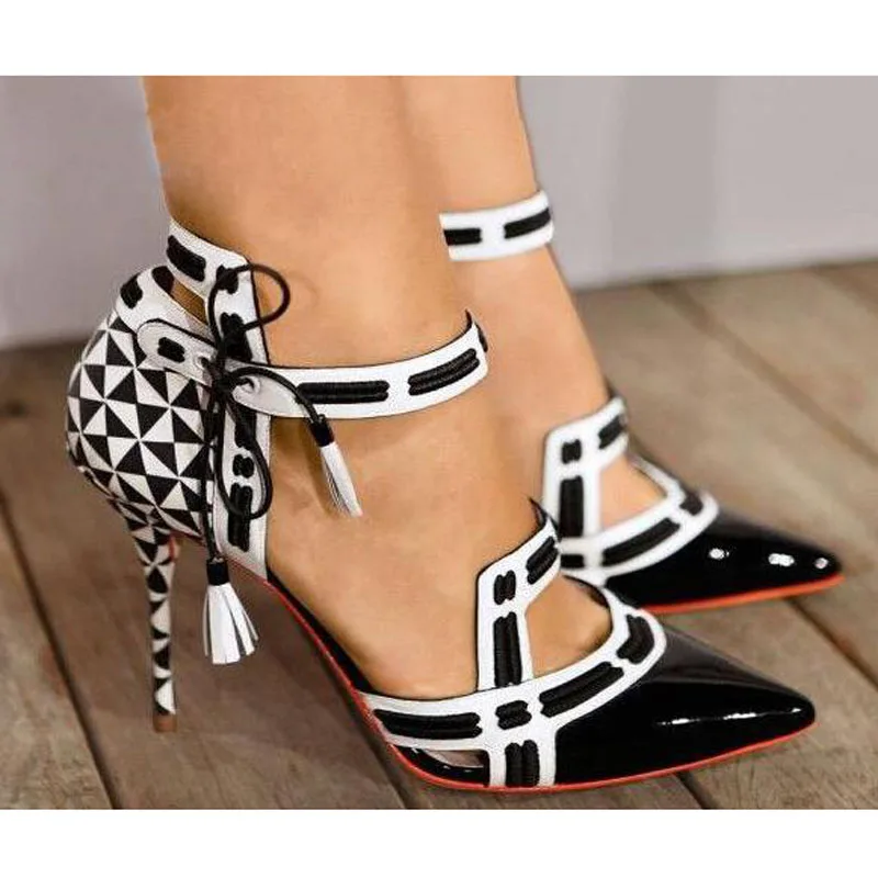 White/Black Straps Women Sexy Pumps Black Patent Leather Toe Ladies Fashion High Heels Ankle Strap Unique Party Shoes Size 42