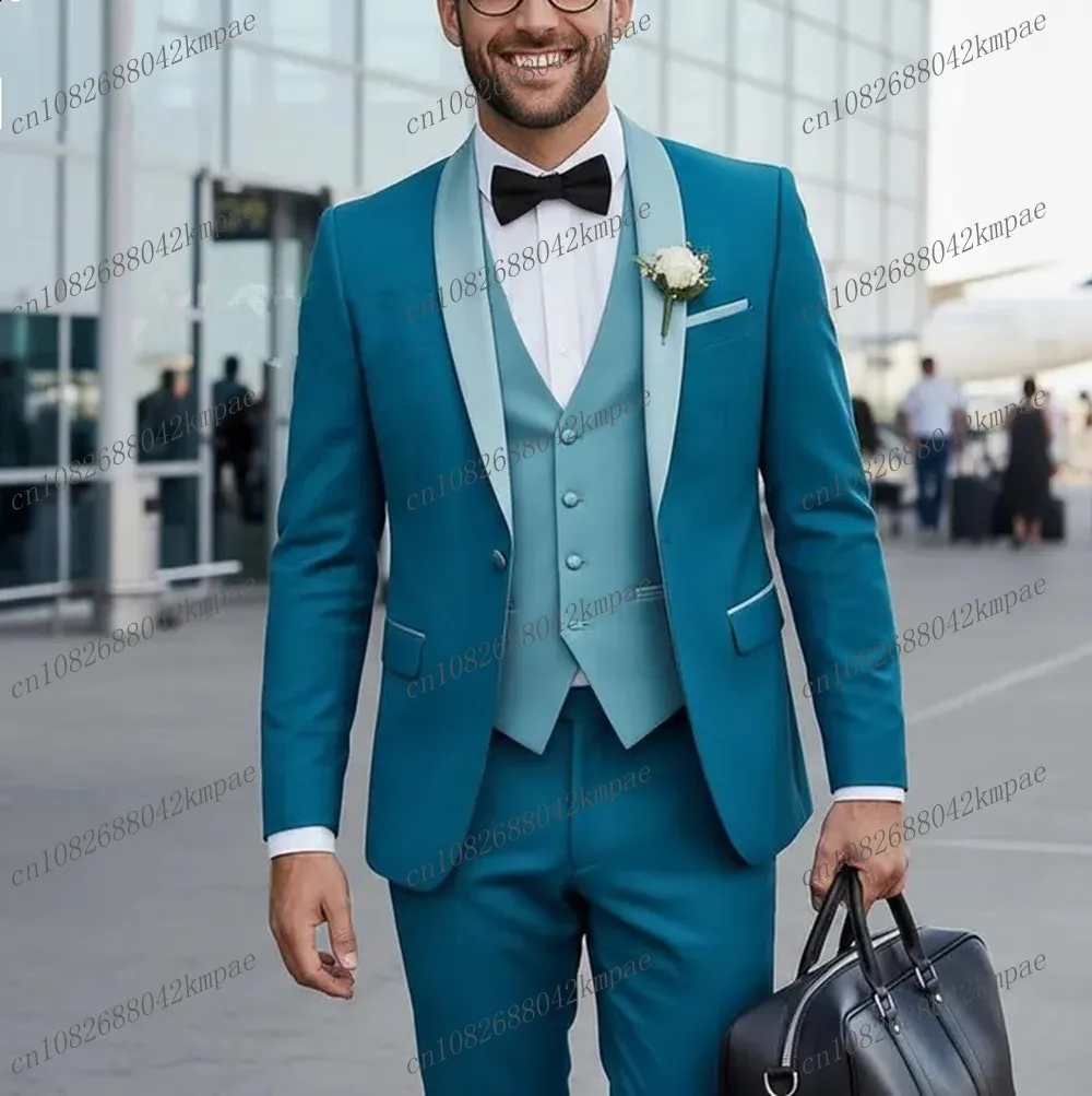 

Новый синий деловой мужской костюм для жениха, жениха, свадебной вечеринки, выпускного вечера, деловые мужские смокинги, комплект из трех предметов, блейзер, жилет, брюки