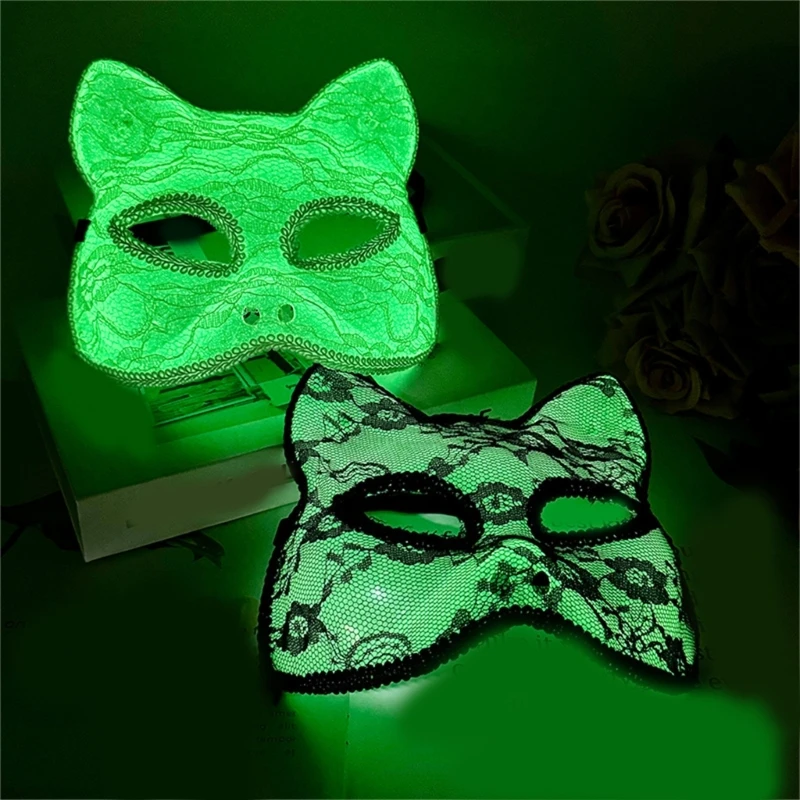 Máscara de mascote de renda luzes na noite meia máscara facial veneziana máscara de festa luzes noturnas máscara de gatos para festa de halloween