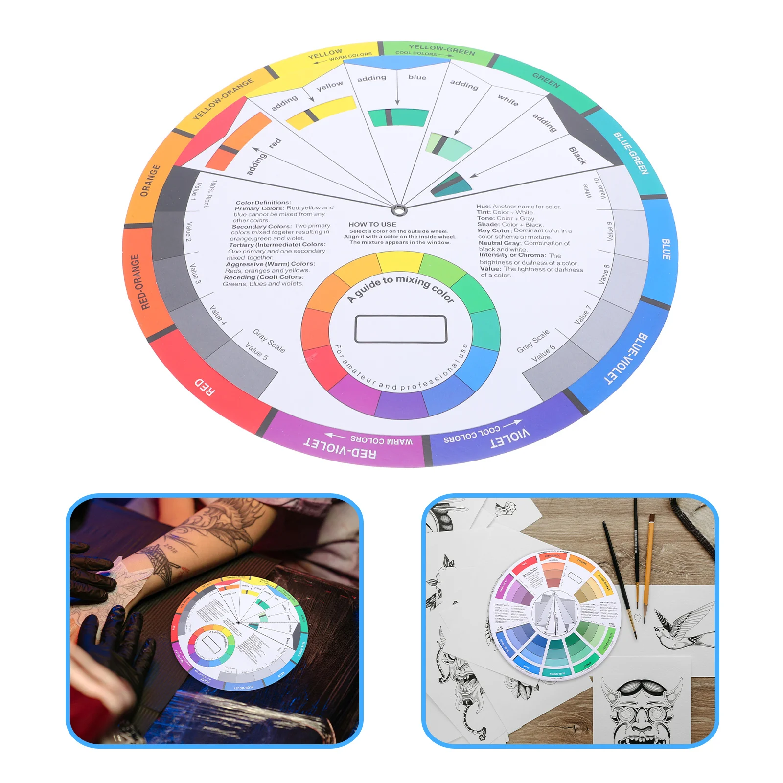 

Color Mixing Tool Professional Pigment Wheel with Rotating Center Round Color Card for Artists and Technicians