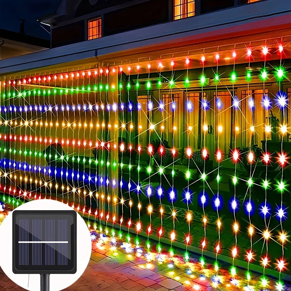 3X3M Solar Outdoor Curtain Lights with 8 Modes, Holiday Party Decorations, Fairy Lights, 100/200/300 LED String Lights 3X2M 3X1M