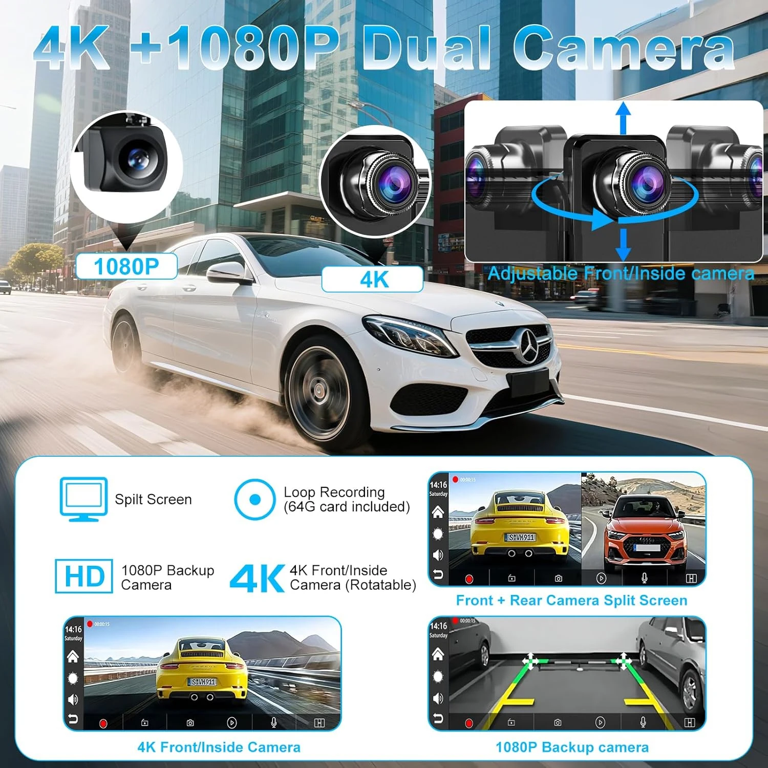 XIMA Dash Cam 10.26 Inch 4K DVR Wireless CarPlay & Android Auto Dashcam Bluetooth Audio GPS Navigation Dashboard Dual Lens Video