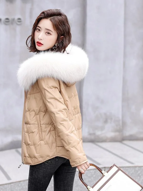   เสื้อแจ็คเก็ตหนังแท้ Ning รุ่น Puffer สำหรับผู้หญิง รุ่นใหม่ประจำฤดูหนาวปี 2025  พร้อมขนเฟอร์  เสื้อคลุมสำหรับสาวๆ