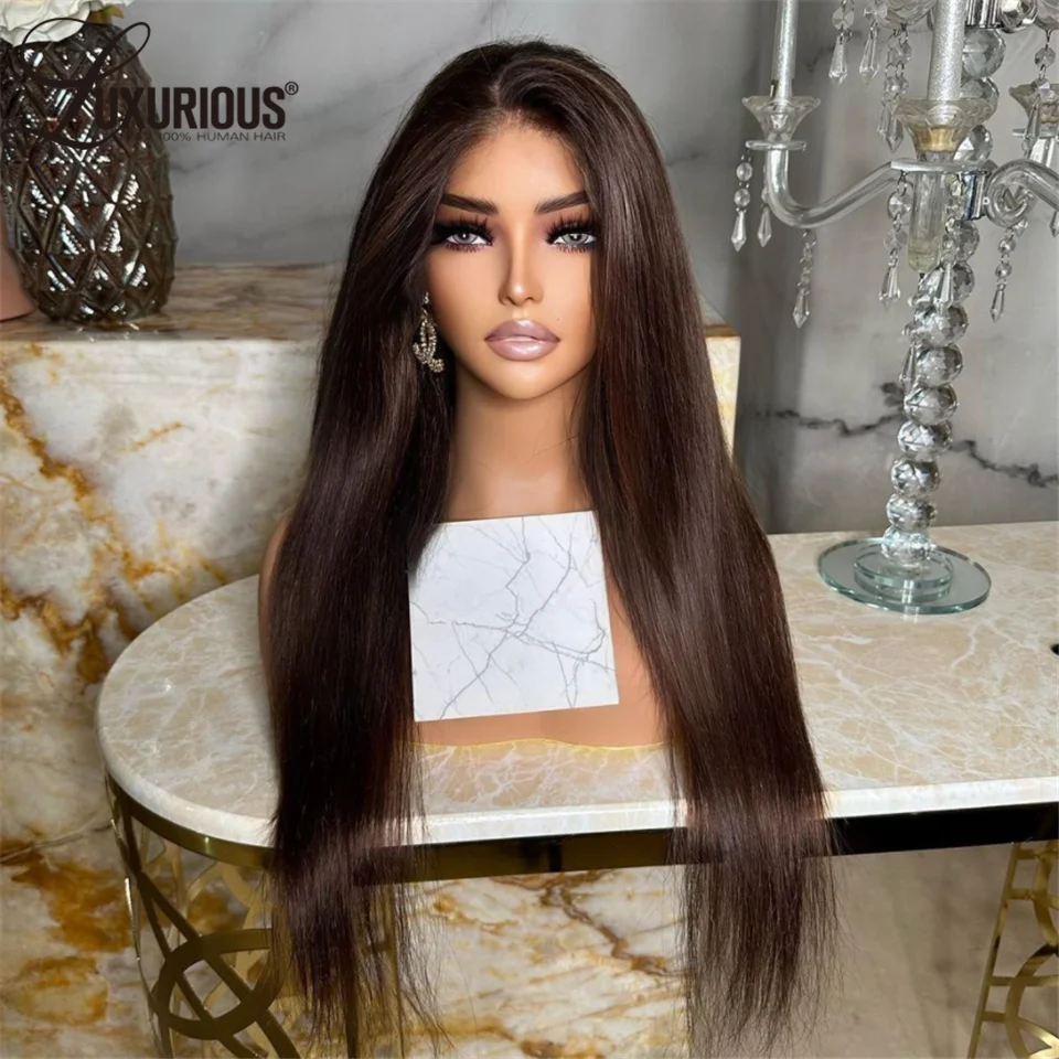 Donkerbruin Gekleurde 13X4 Lace Front Pruik Brazilian 100% Human Hair Steil Pre Geplukt Frontale Sluiting Pruiken Voorgesneden Voor Vrouwen