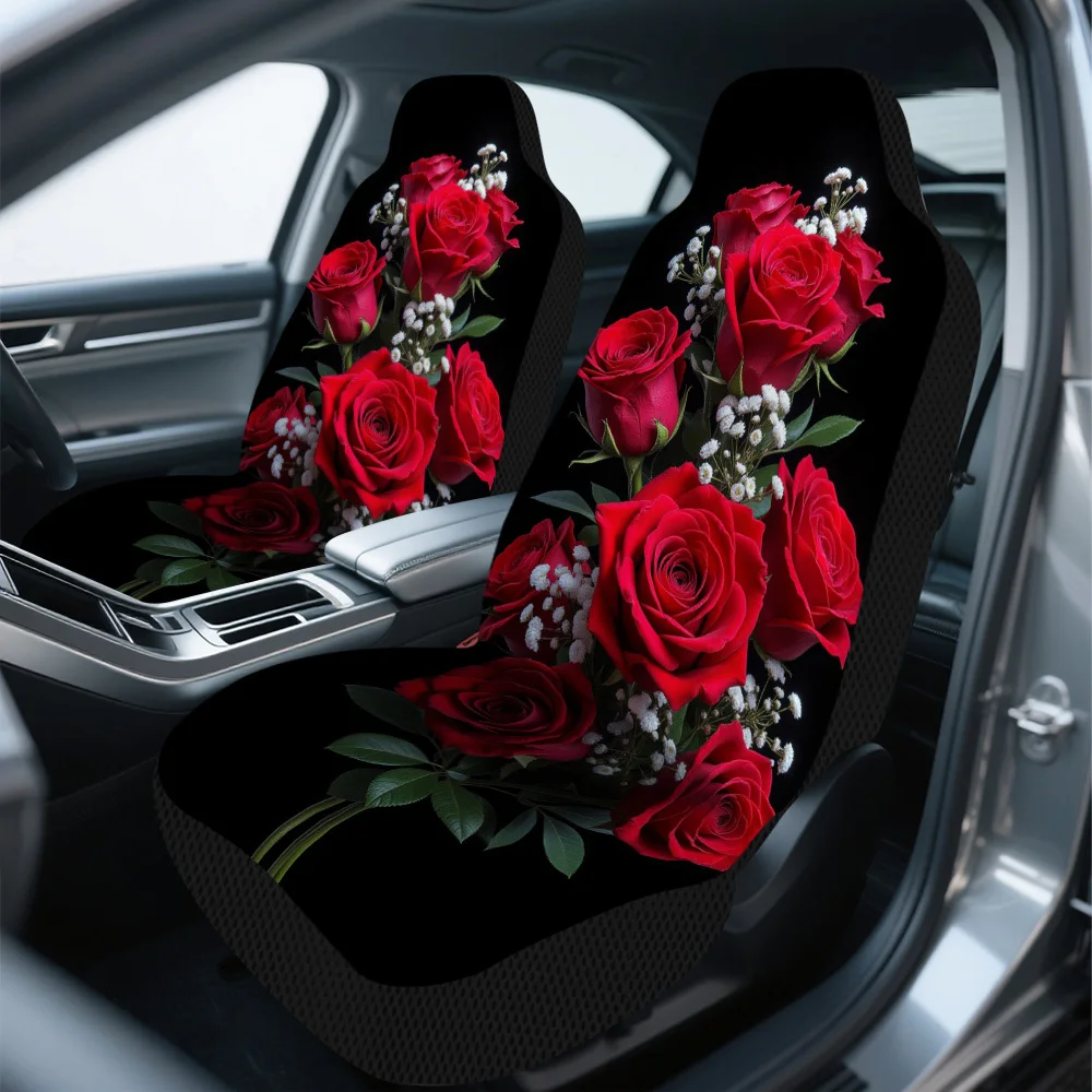 2pcs Red Roses Car Seat Covers Compatible For Single Front Seats, Fit Foldable & Washable Auto With Elegant Bouquet Design, Mach