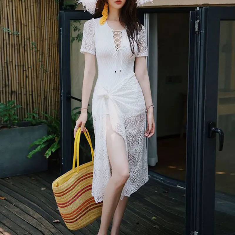 Elegant Fashion Harajuku Slim Fit Female Clothes Loose Casual All Match Swimwear Solid Lace Sexy Short Sleeve Swimsuits Women