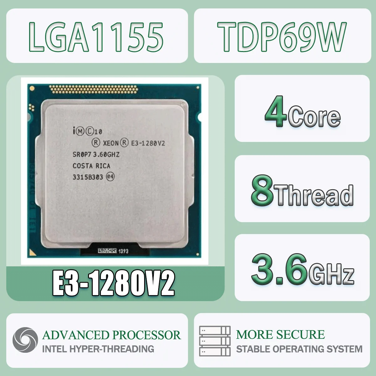 Intel Xeon E3-1280V2 3.6GHz Quad-Core huit threads TDP 69W E3 1280 V2 ordinateur processeur d'unité centrale serveur E3 1280V2 paquet LGA 1155