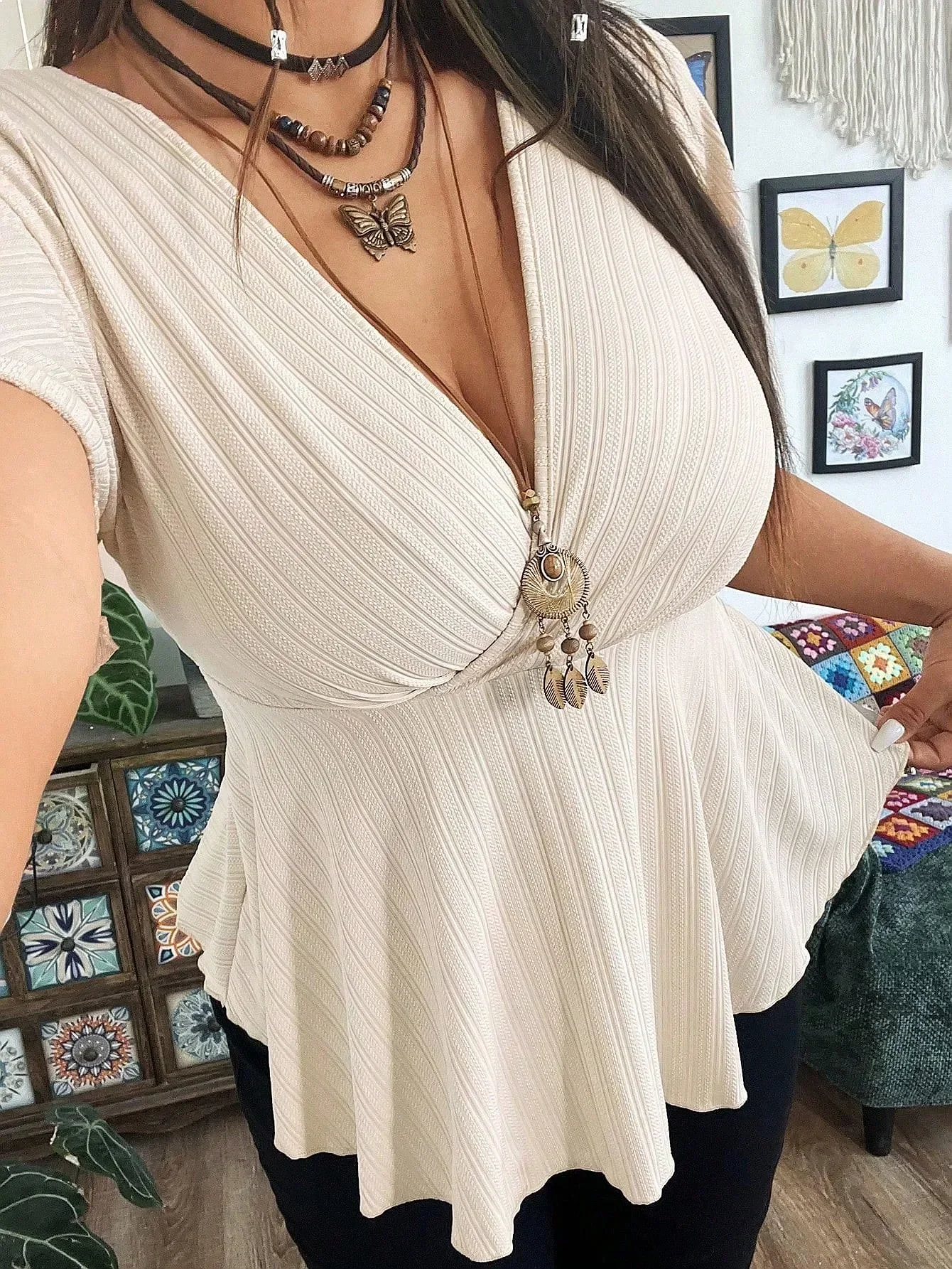 

New Style Women's Fashion Deep V-Neck Versatile Solid Color Short Sleeve Casual Summer Top