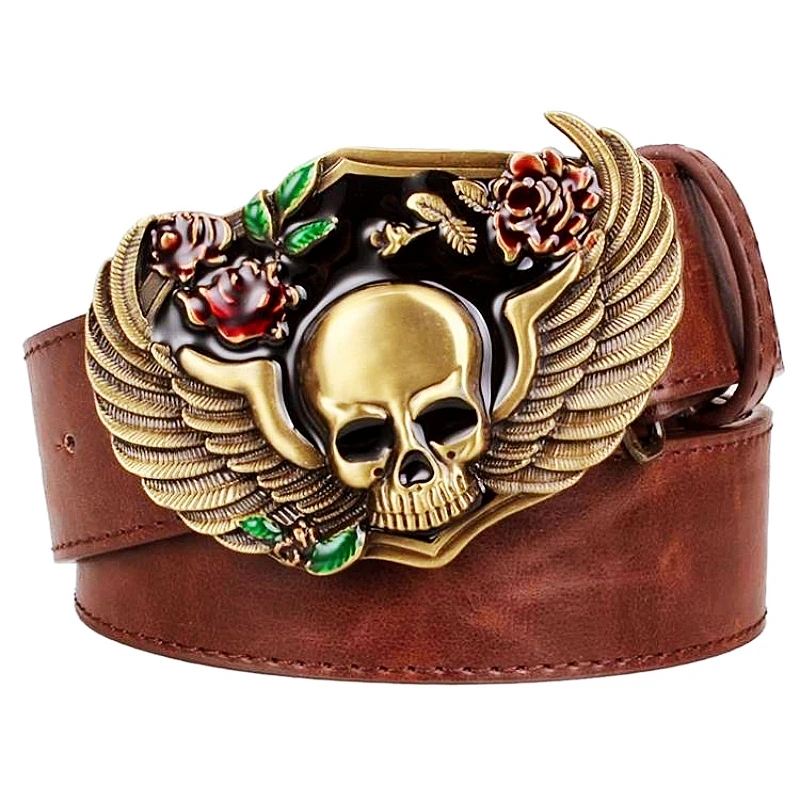 Cinturón de cuero con hebilla de Metal para mujer, cinturilla decorativa con diseño de calavera rosa, cabeza de esqueleto de Metal pesado, estilo Rock