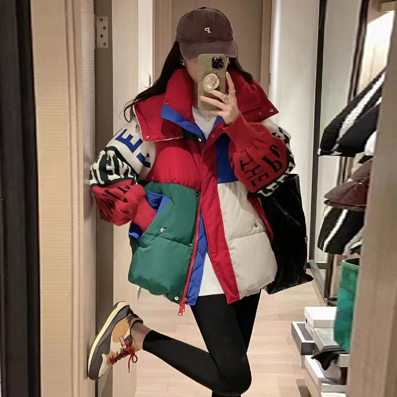 2023 New Fashion Streetwear Letter Stitching Puffer Jacket Women\'s Loose Parkas Winter Female Thick 90% Duck Down Coat