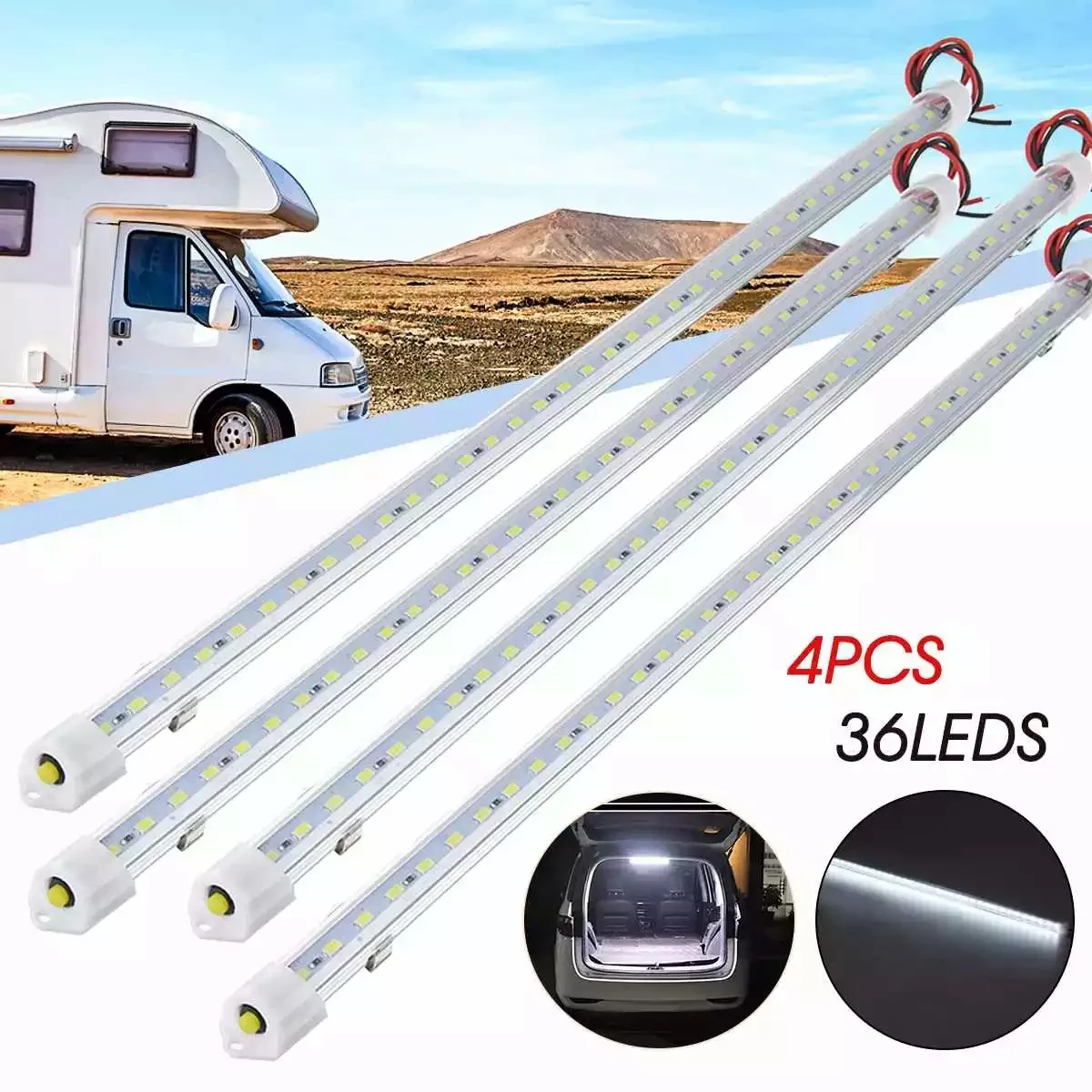 4Pcs 50CM 12V 36 LED Car Interior White Strip Light Bar Car Interior Light for RV Van Cabin Lorry Truck Camper