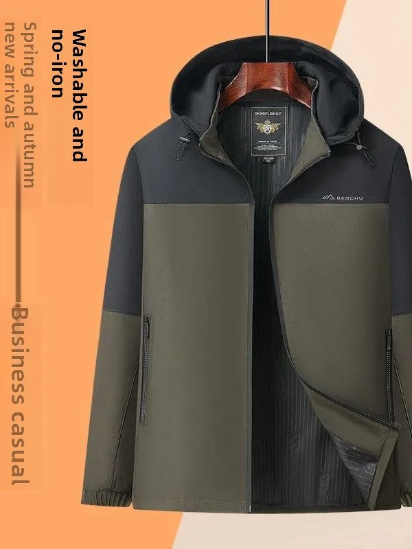 Casual Versatile Hooded Jaet for Middle-Aged And ly Men Spring Autumn Seasonal Comfortable Light Weight Velvet Material