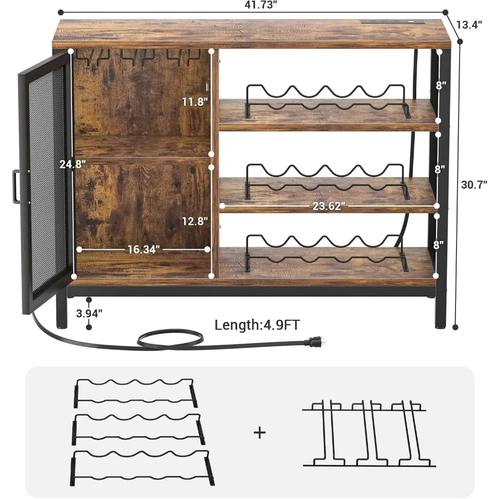 Armoire de bar à vin avec prises de courant, pour français ou verres, armoire de bar de ferme avec casiers à vin perfecemballages, marron rustique