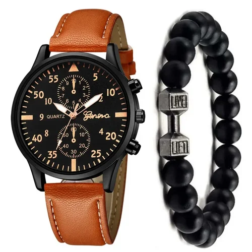Imagen 2 del producto 2 unids/set de relojes de negocios para hombre, pulsera de cuero con esfera árabe a la moda, conjunto de pulsera de reloj de cuarzo para hombre, reloj Masculino