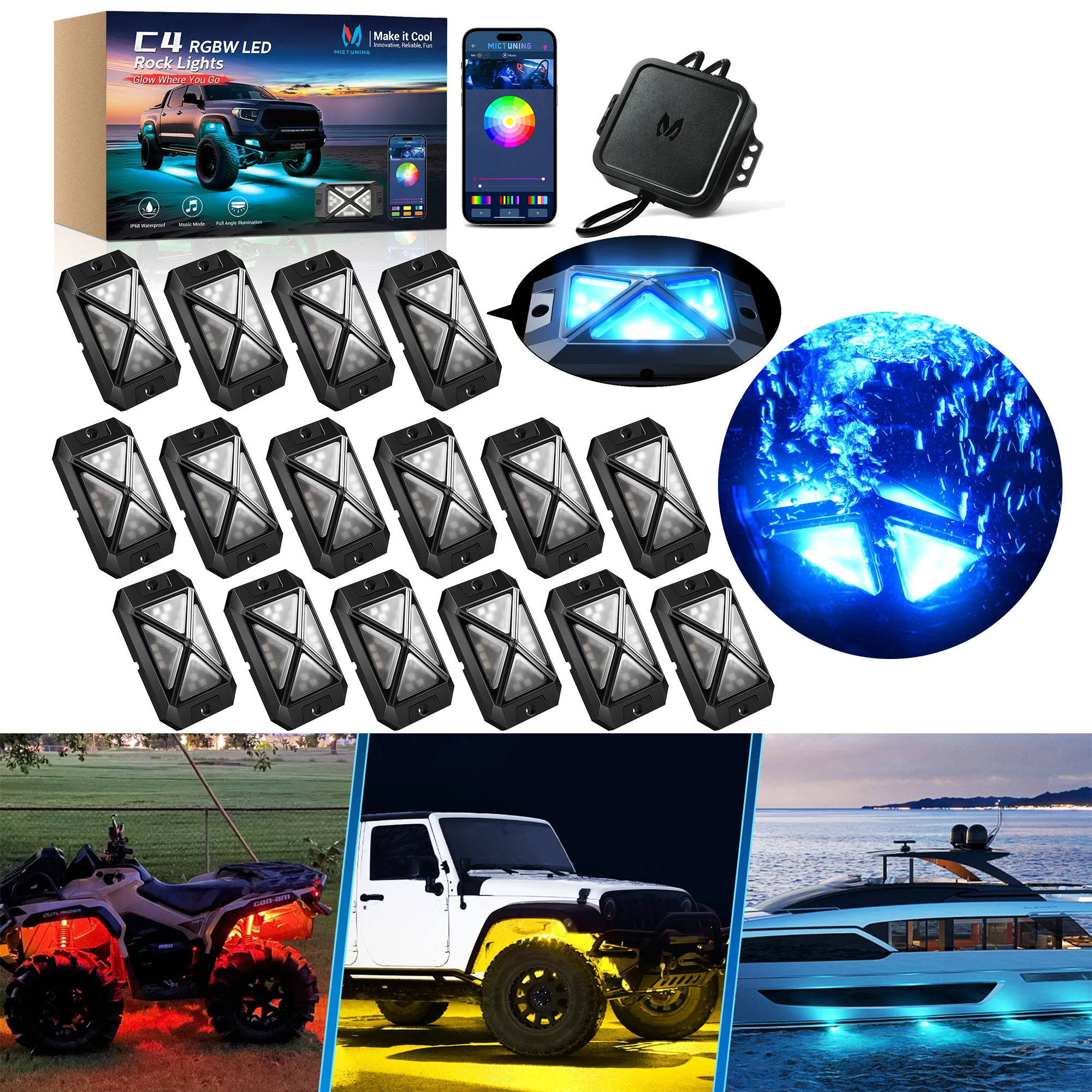 

Upgraded 8/12/16Pods C4 RGBW LED Rock Lights, 4 Side Diamond Shape Exterior Design with App Controlled Music Mode IP68