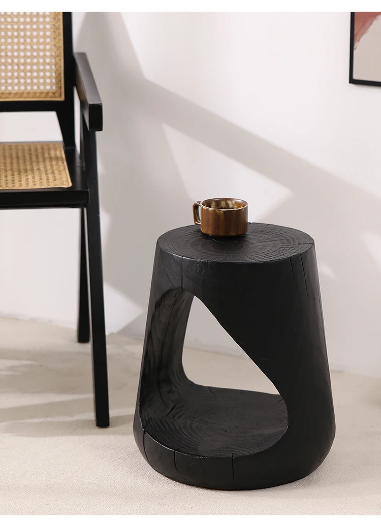 Wabi-Sabi Charred Wood Side Table Handcrafted Tree Stump Stool with Natural Texture Bedside Coffee Table for Home Decor