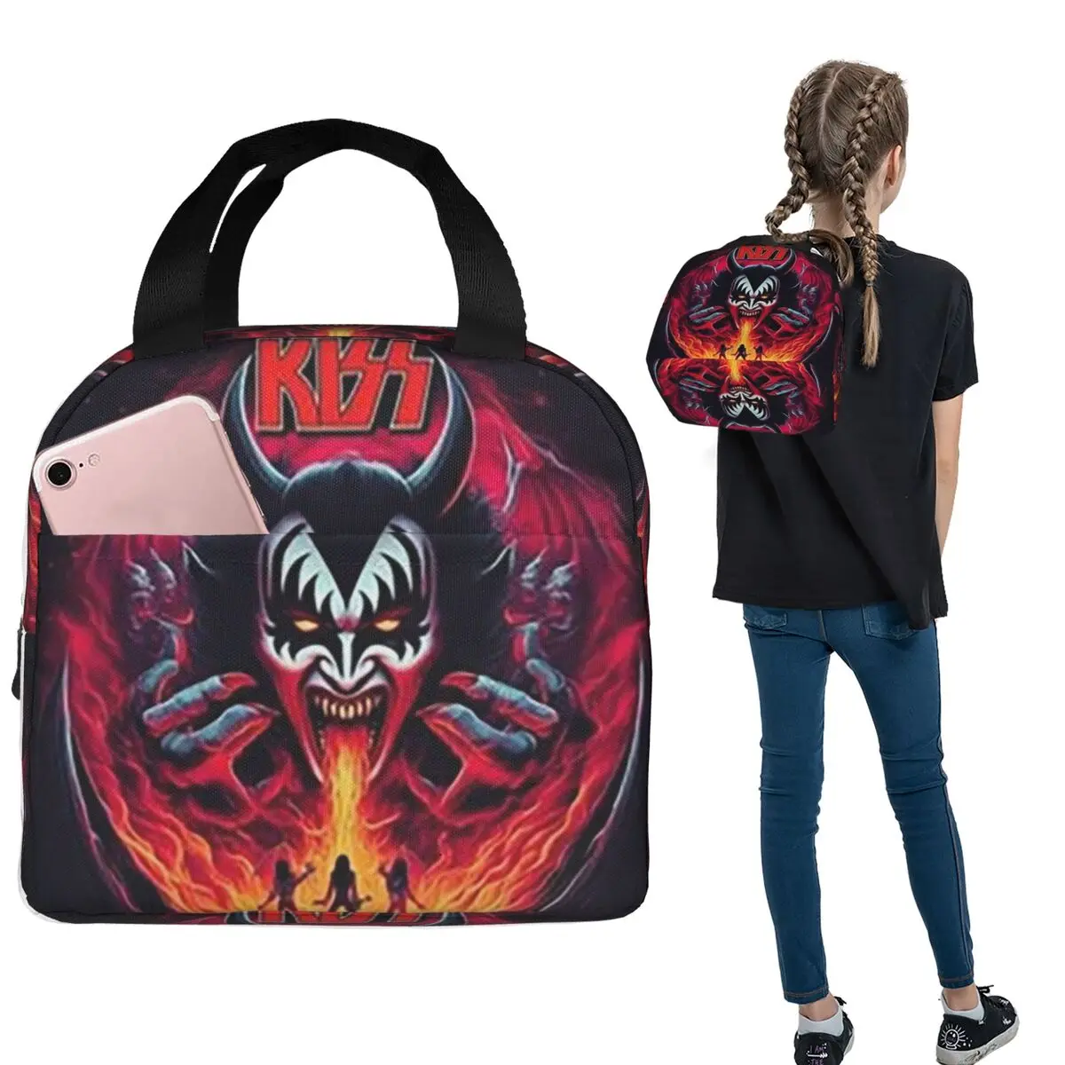 

KISS The Band Demon Red Rock Music Insulated Lunch Bag for Women Kids Leakproof Food Boxes Thermal Lunch Box Tote