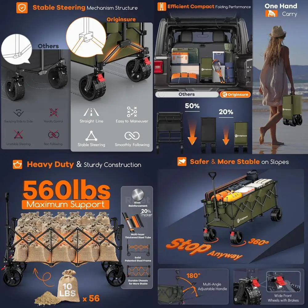 

Folding Beach Wagon with 560lbs Capacity, 300L Collapsible Utility Cart for Outdoors, Shopping, Sports - Green