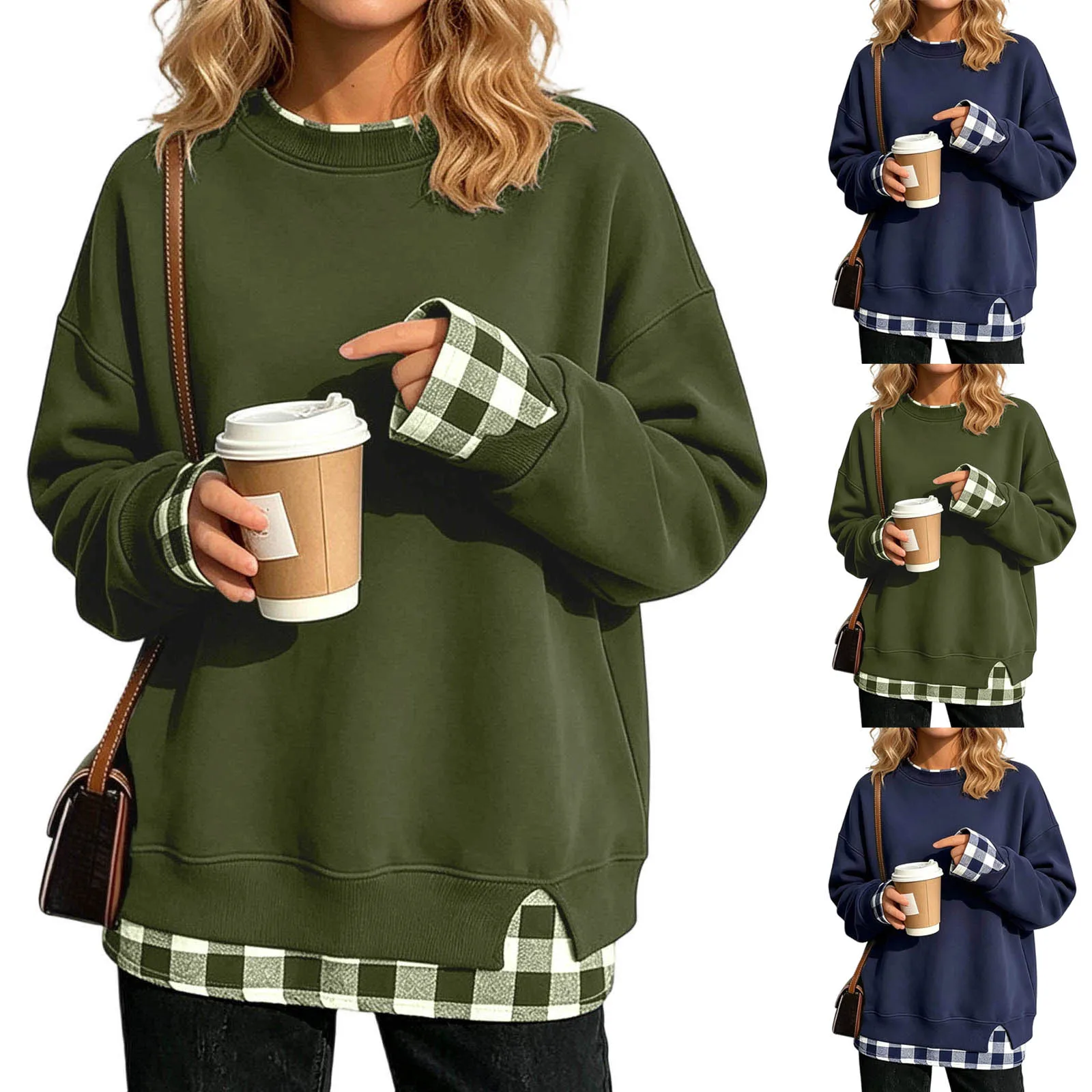 Women's Fake Two-Piece Oversize Sweatshirts With Plaid Hem Side Slit Long Sleeve Pullover Loose Fit Round Neck Sweatshirts Tops