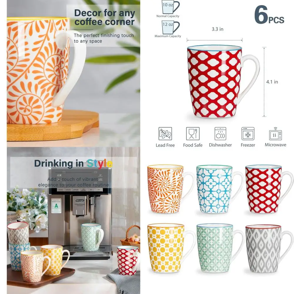 

Set of 6, 12 oz Porcelain Coffee Cups with Handles, Microwave & Dishwasher Safe, Assorted Colors for Home or Office