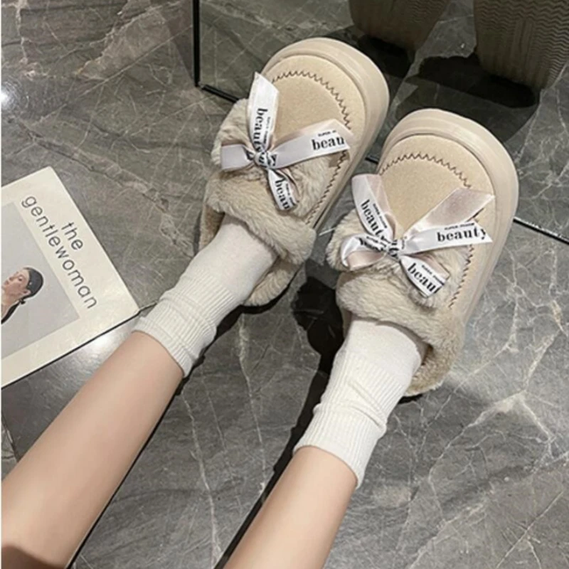 Winter Cute Bow Cotton Home Slippers Women Indoor Plush Warm Slides Couples Floor Soft Fur Cozy Sandals Adults Beautiful Shoes