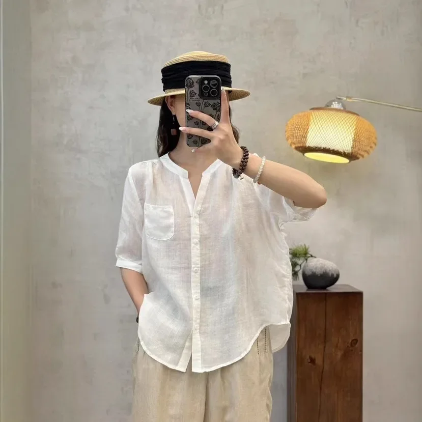 

2025newliterary and versatile loose and thin V-neck medium-sleeved shirt women's casual solid color single-breasted cardigan top