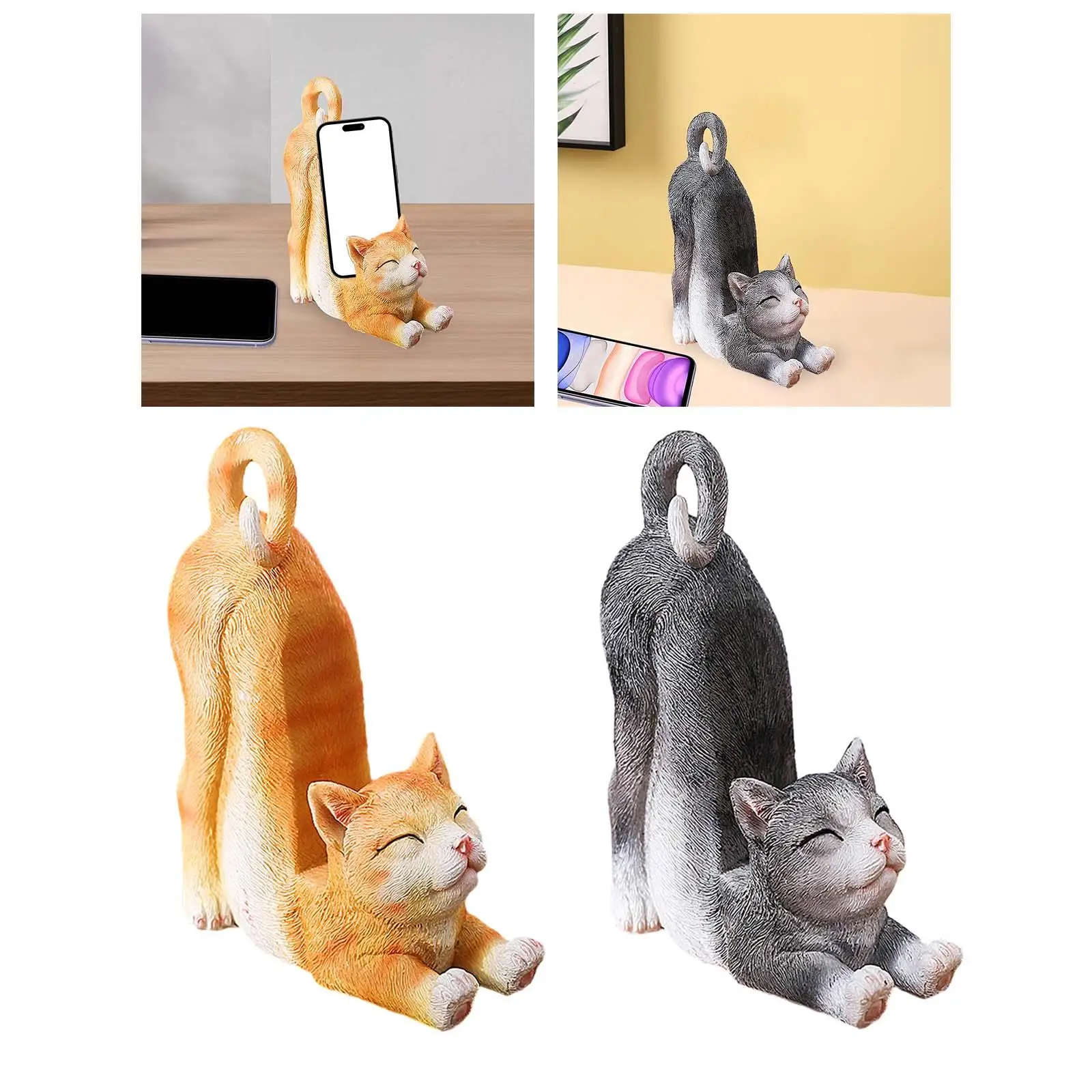 Cat Figurine Desktop Ornament Phone Holder Kitten Statue Animal Sculpture for Table Bedroom Office New Year Gift