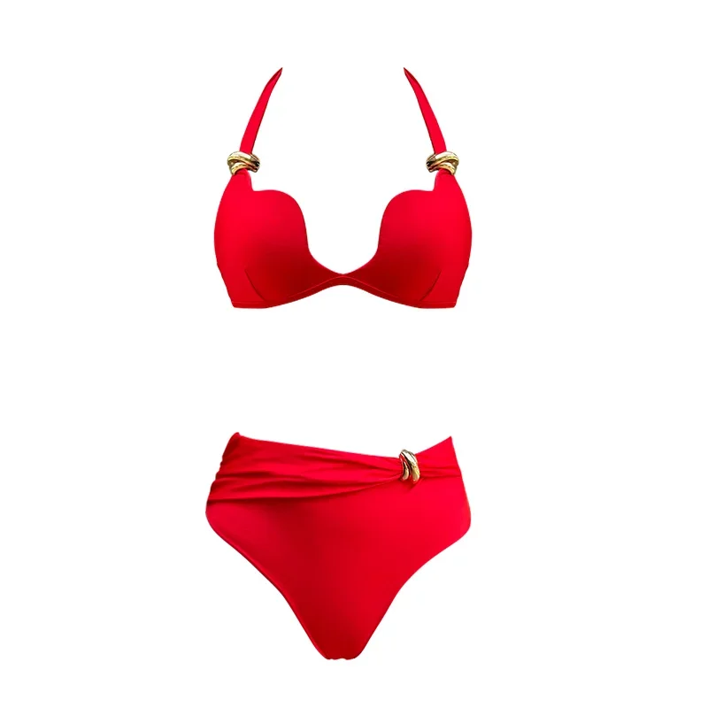 FLAXMAKER Metal Knot Ornaments Decor Red Sexy Bikini Swimsuit Push up Swimwear