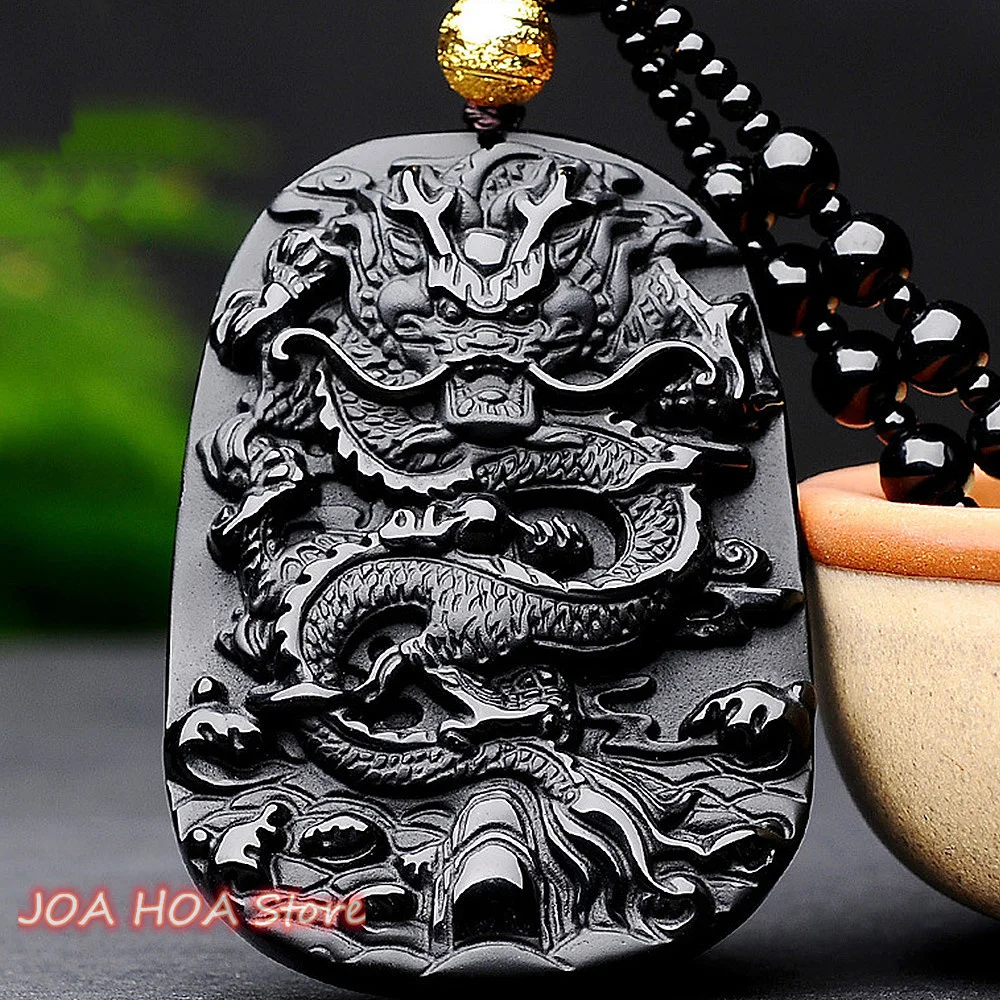 

New Natural Obsidian Dragon Pendant Long Teng Sihai Zodiac Frosted Dragon Brand Bead Chain Necklace Boutique Jewelry