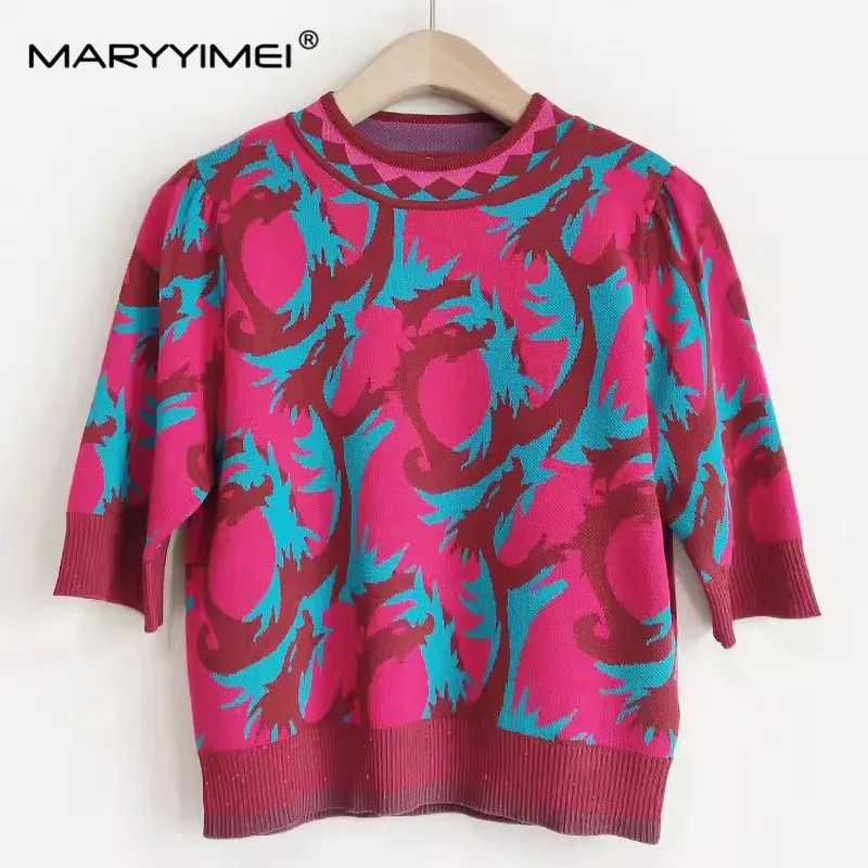 MARYYYIMEI-Top de manga curta e meia saia de malha jacquard feminina, novo designer de moda, primavera, 2 pcs, 2024